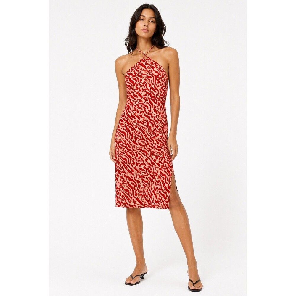 Band of the Free Abstract Print Halter Midi Dress XL Red Cream Side Slit Boho